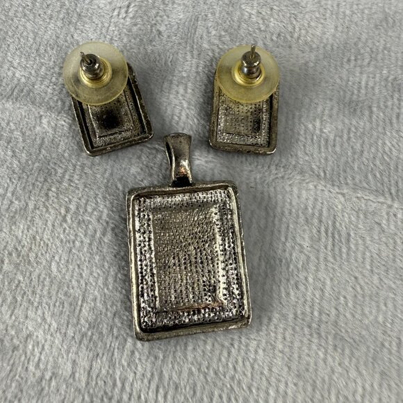 Vintage Silver Tone Pendant & Earrings Set Iridescent Abalone Shell Insets - Picture 9 of 16